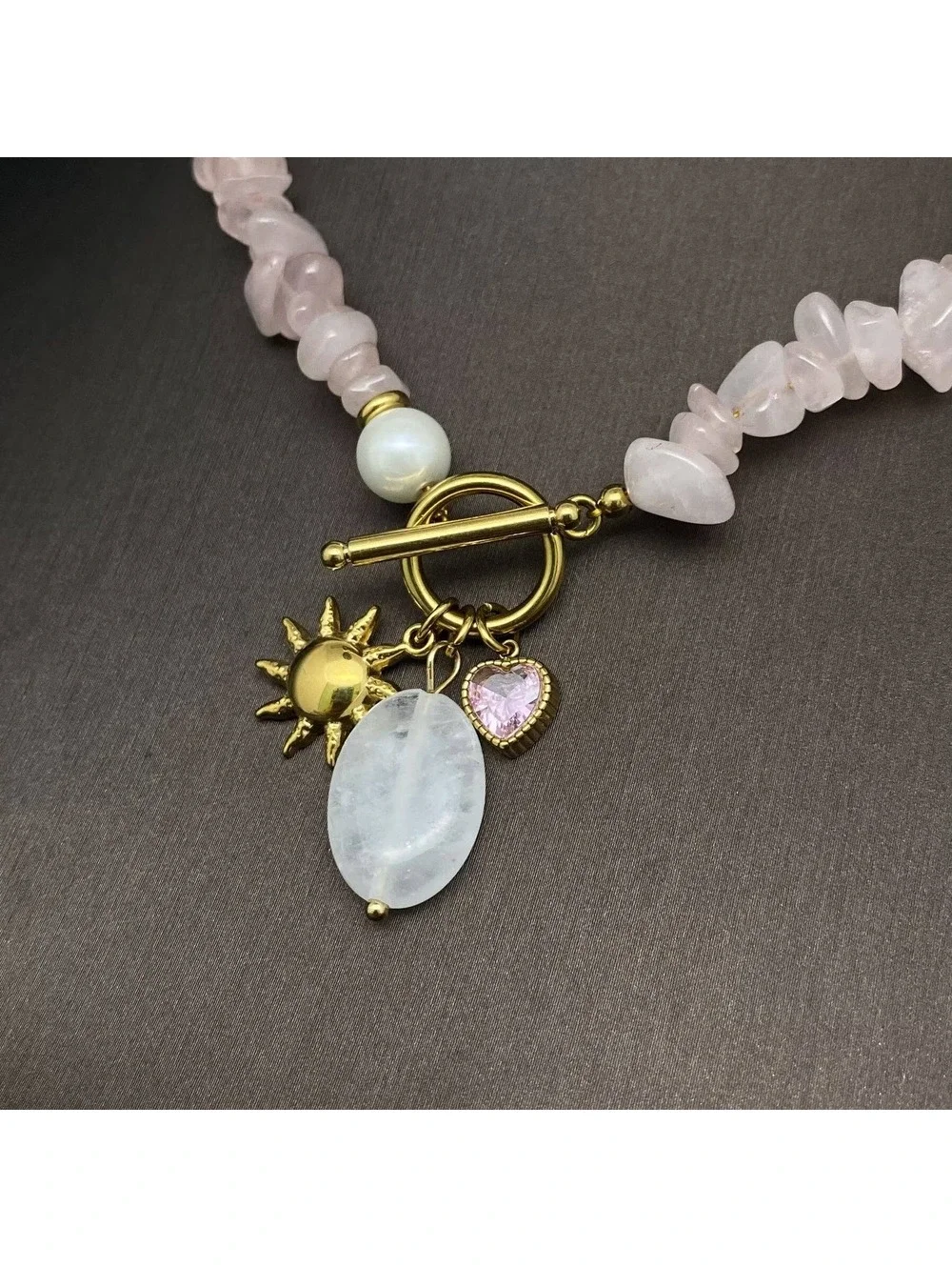 Rose Quartz Chip Necklace with Sun and Heart Charms